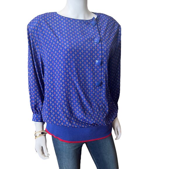 Vintage 80s Lindsey Blake Cobalt Blue Asymmetrical Button Blouson Top, 16 - Picture 1 of 6